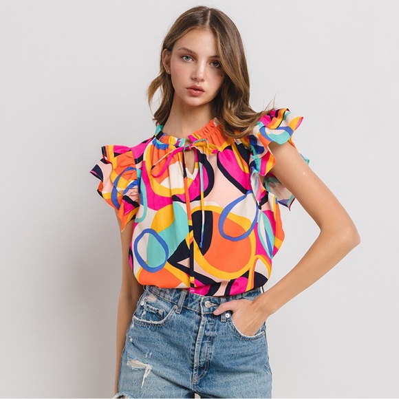 04 Boho Print Ruffle Sleeve Woven Blouse - Picture 7 of 7